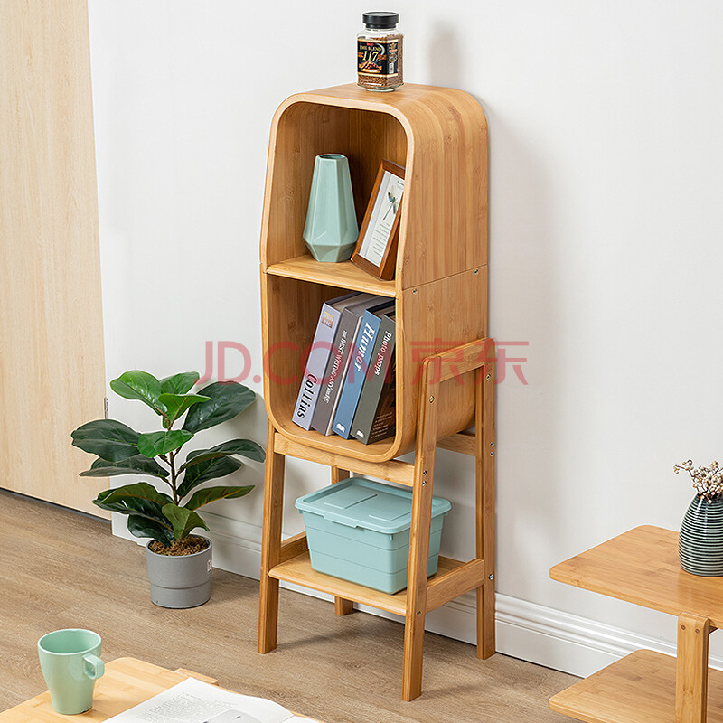竹杰创意楠竹弧形书架简易客厅书房置物架落地收纳小书架靠墙组合书柜
