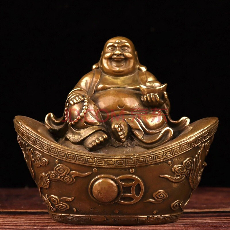 铜人艺巷全铜坐元宝弥勒佛摆件大肚佛笑佛托元宝弥勒佛铜像家居供奉