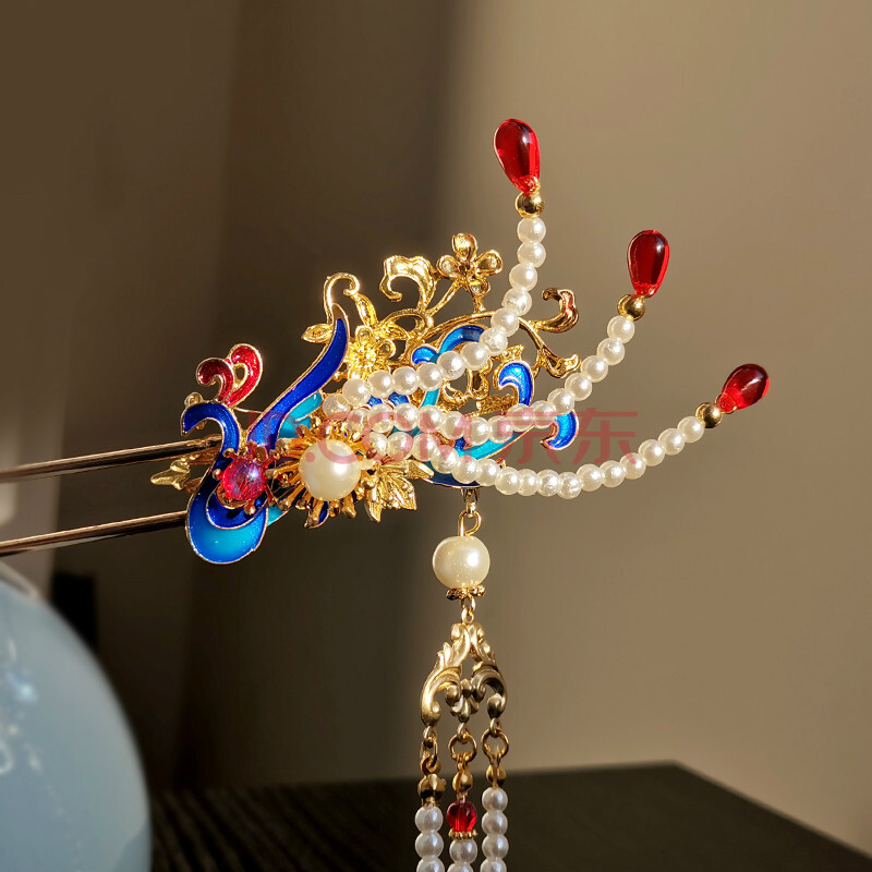 栖凤 汉服古典凤凰烧蓝明制珍珠流苏点翠发簪小凤对簪 蓝色 簪子一支