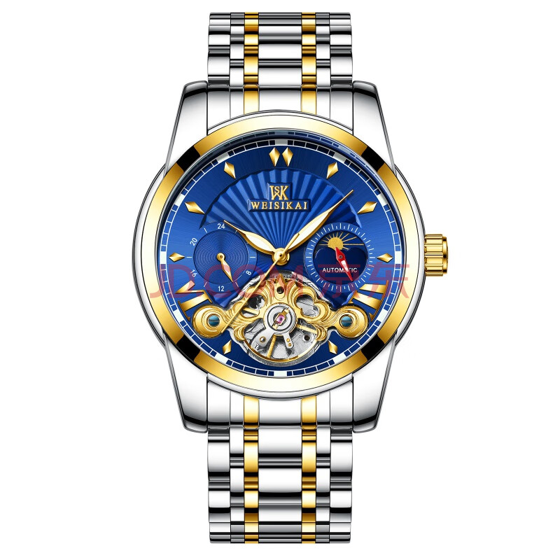 威斯凯手表男陀飞轮全自动机械表防水男士手表机械表 间金蓝面【行情