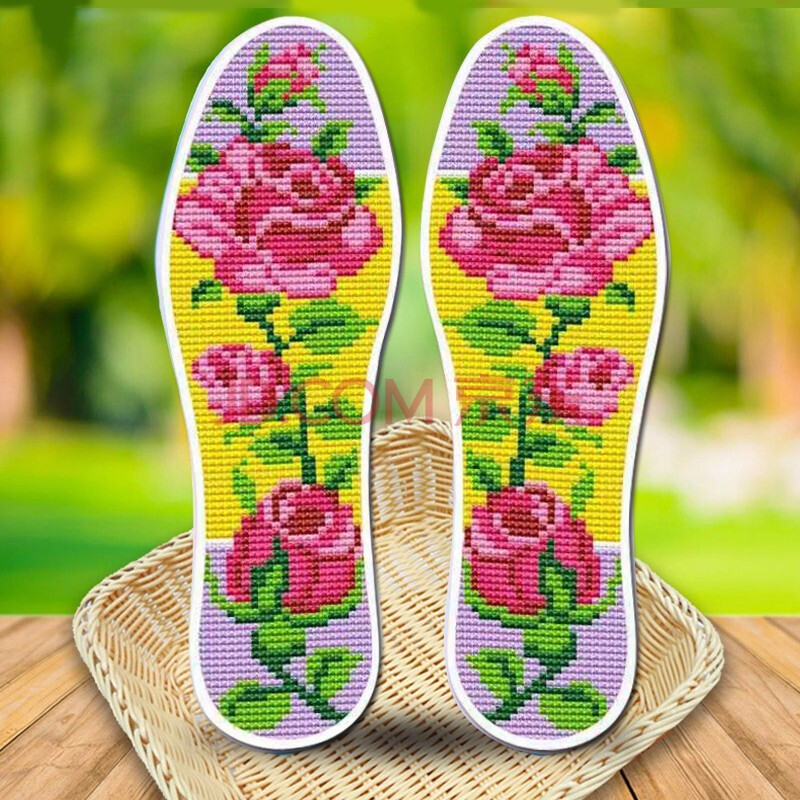 手工刺绣半成品棉鞋垫单线绣吸汗透气防臭鞋垫婚庆男女鞋垫 永恒玫瑰