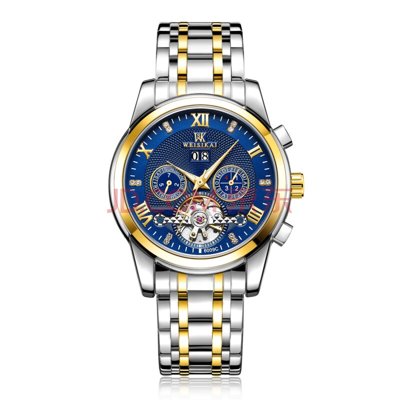 瑞士【weisikai/威斯凯】男士机械表大飞轮手表男防水自动机械表 间金