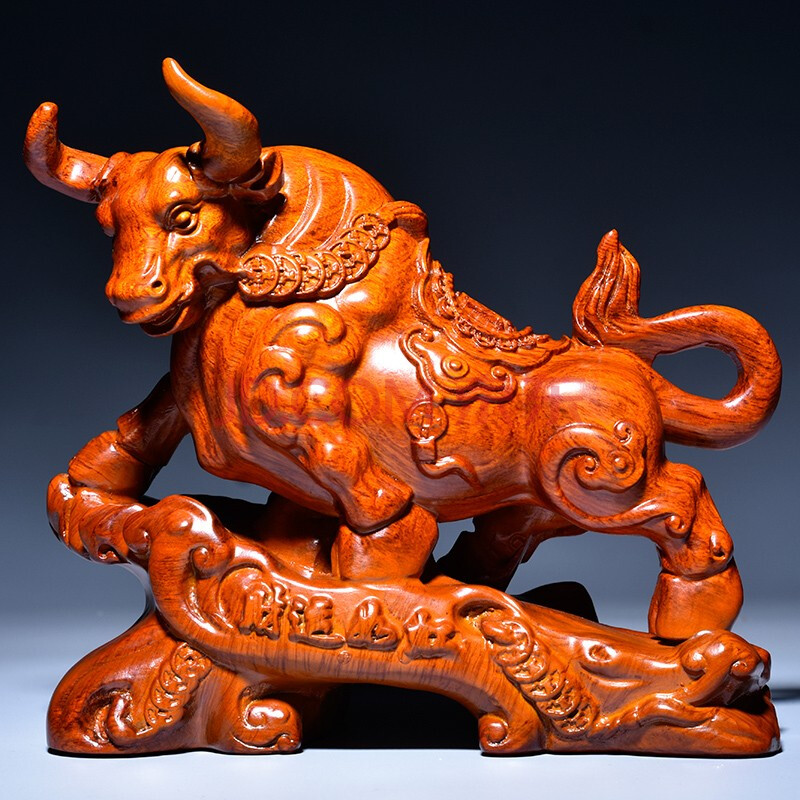 黑檀木雕牛摆件 风水摆件十二生肖牛工艺品华尔街牛气冲天办公室开业