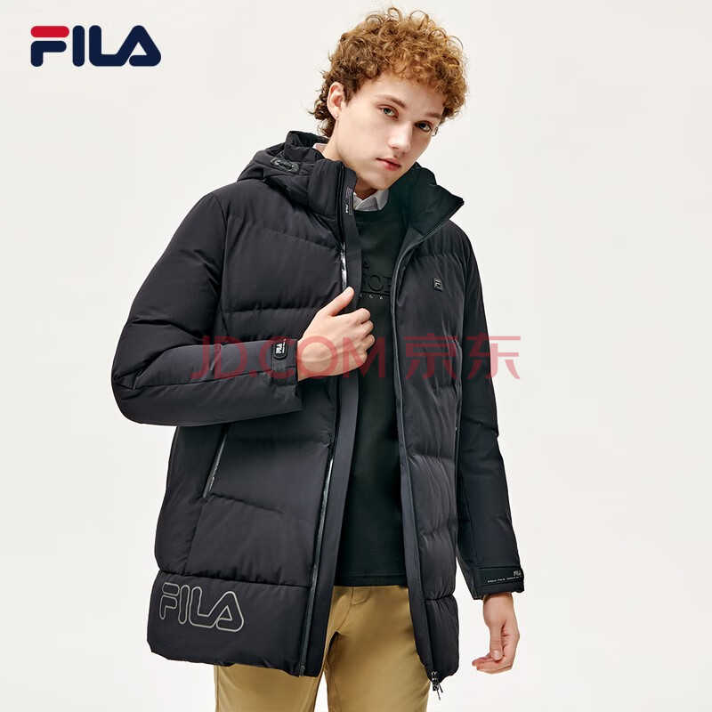 fila 斐樂官方男士羽絨服2021年冬季新款中長款保暖連帽羽絨服 正黑色