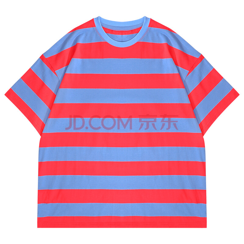 paul hualey潮牌 明星同款红蓝条纹撞色短袖t恤女宽松设计感小众圆领