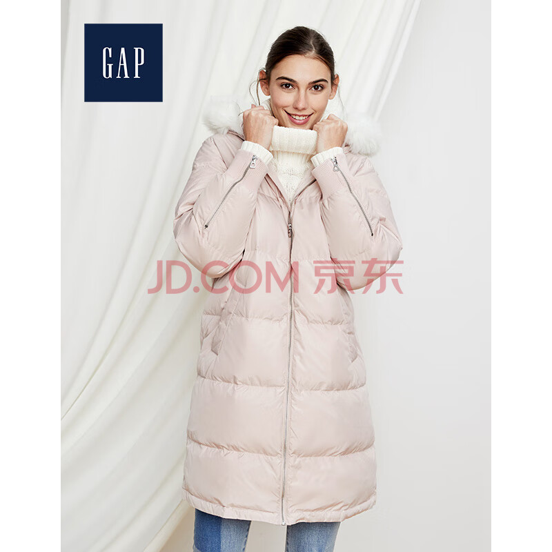 370元包邮 GAP 盖璞 319177 简约纯色可脱卸毛领长款羽绒服