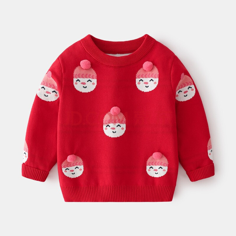 儿童童装女童手工缝毛球细棉线衣宝宝卡通提花毛衣 红色 100(建议身高