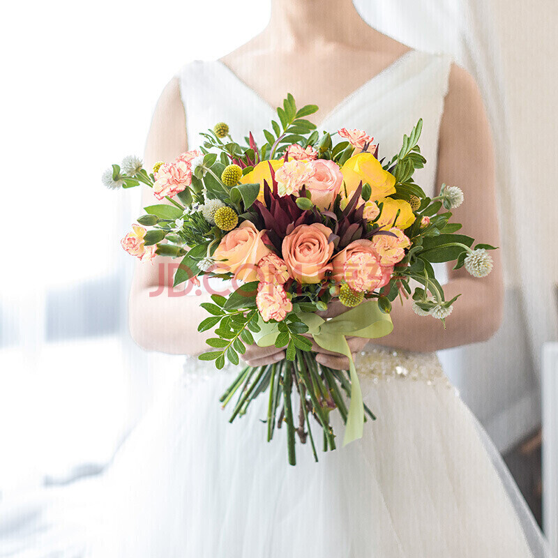 鲜花同城速递花球婚礼手捧花真花新娘结婚韩式森系花束婚礼用花 黄
