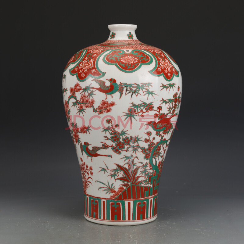 收藏真品彩绘花瓶干花花瓶古董古玩落地花瓶老物件瓷器大清康熙红绿彩