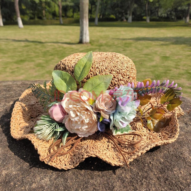 古威柏海滩太阳冒编织帽子女韩版潮百搭花朵草帽女夏季小清新沙滩帽可