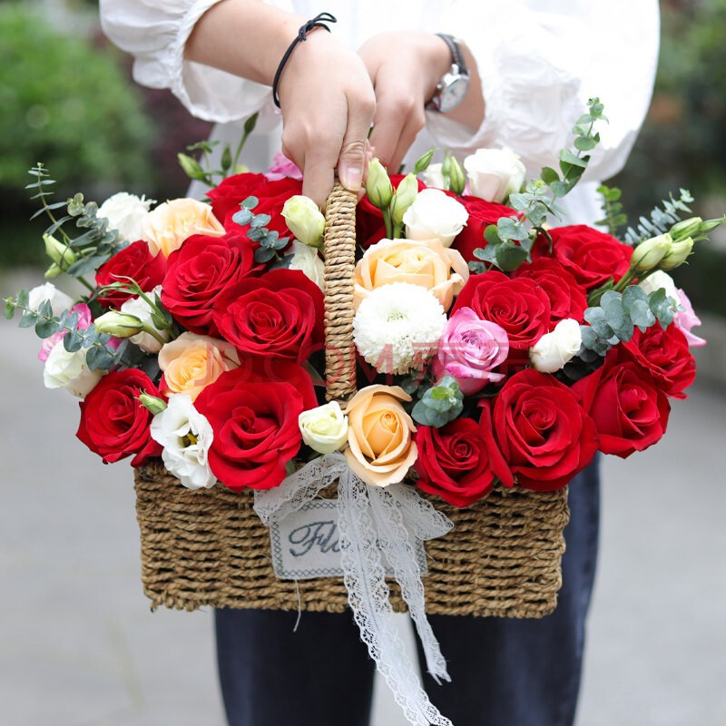 插画鲜花速递手提花篮向日葵玫瑰绣球韩式混搭花篮乔迁开业庆典生日