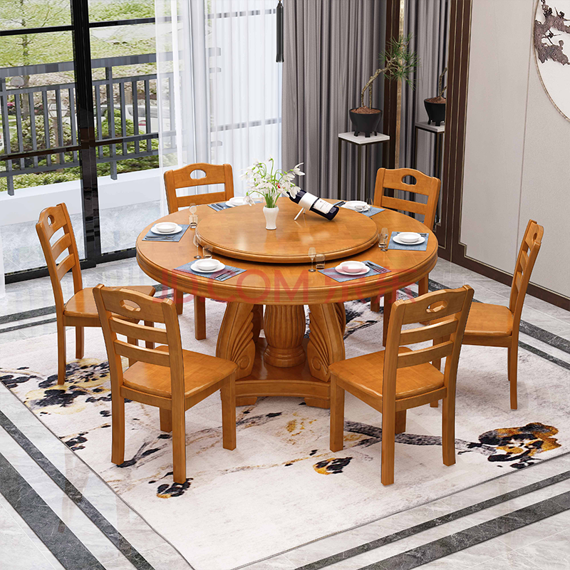 思晞 餐桌 实木圆形餐桌 椅组合带转盘中式家用饭店餐馆8/10人经济型