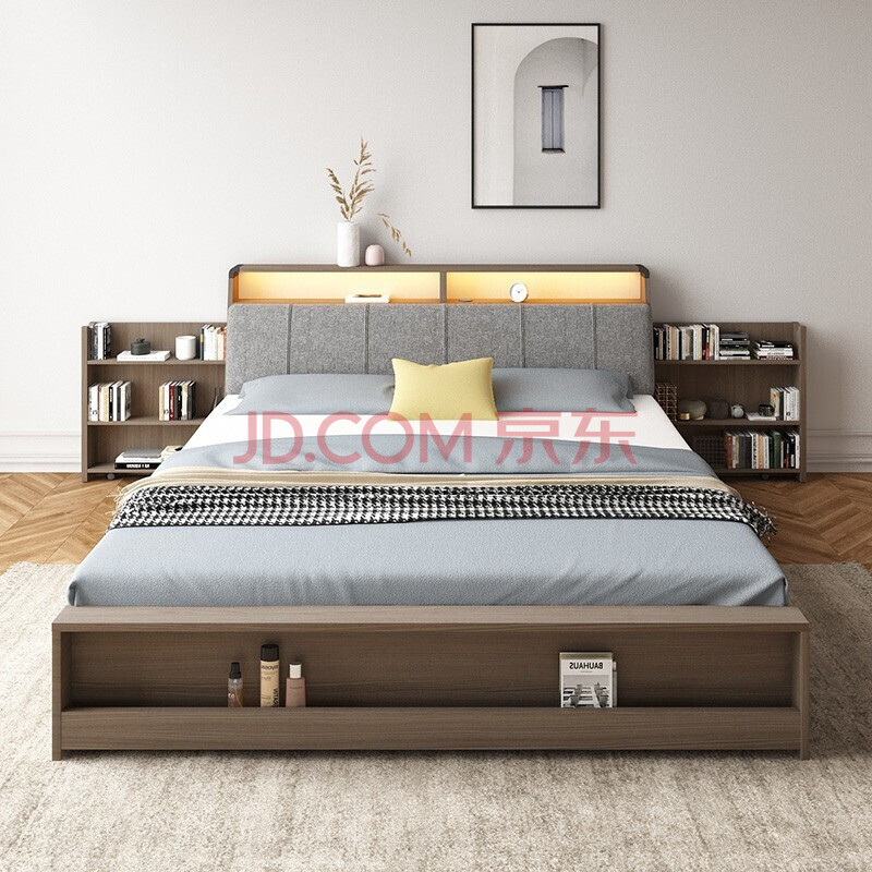 8米带灯连体床头柜高箱储物床 雅致 软靠床 床头柜*2 1公分乳胶床垫