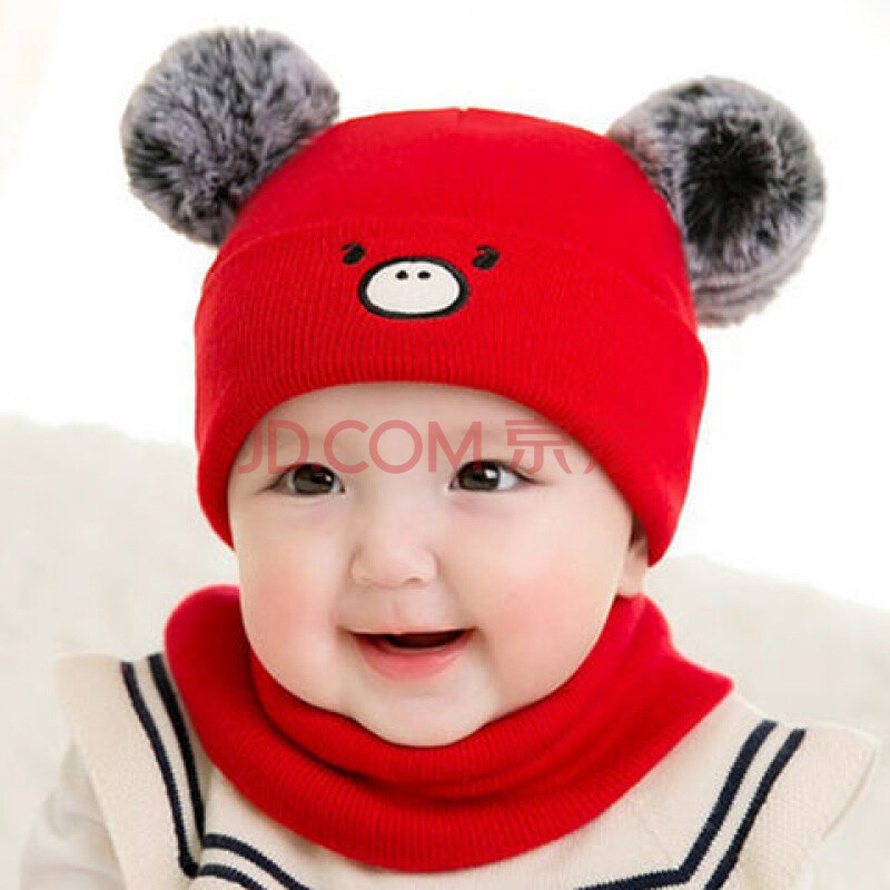 1男女宝宝婴幼儿2保暖可爱超萌胎帽毛线帽6-12个月 mx432-萌萌猪-大红