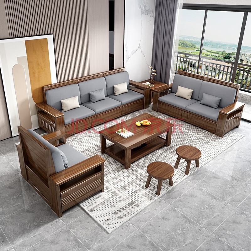 奥古曼沙发胡桃木实木沙发组合套装木质储物沙发贵妃沙发客厅现代简约