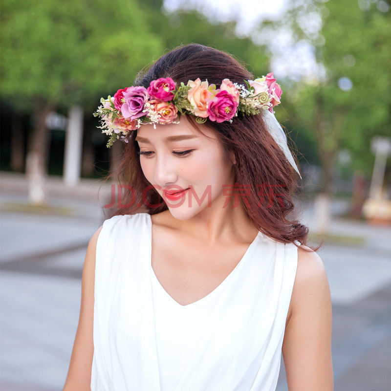 米聆ins森系超仙新娘花环皇冠头饰度假头饰配饰婚纱写真婚礼发饰 彩色