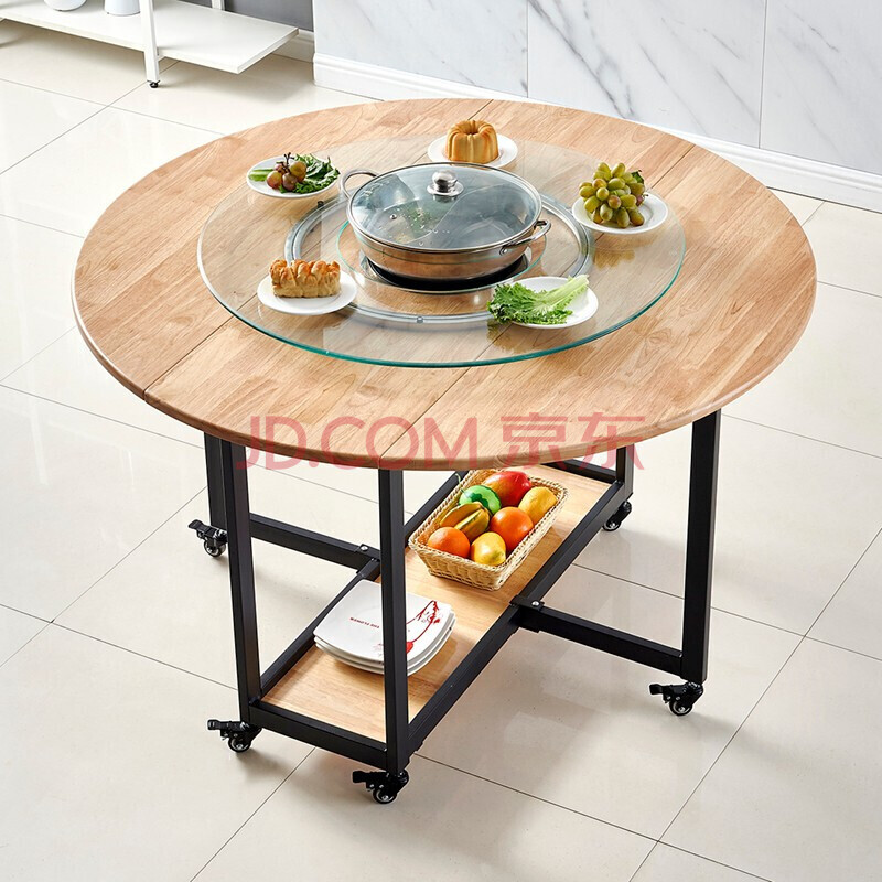 诺必隆折叠实木餐桌一体电磁炉火锅家用可伸缩小户型实木大圆桌旋转圆