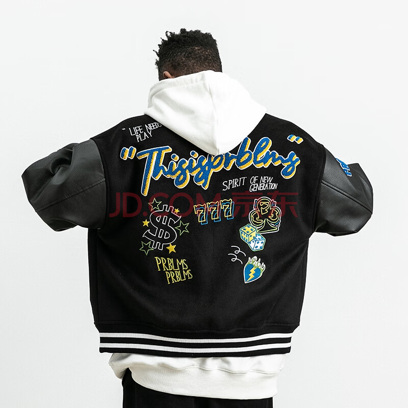 prblms潮牌复古骰子图案毛巾绣重磅拼皮棒球服男秋季嘻哈夹克外套