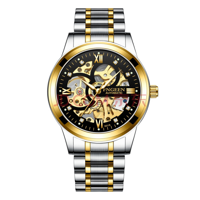 芬尊 手表男士全自动机械表男表镂空夜光防水时尚潮流手表 间金-黑面