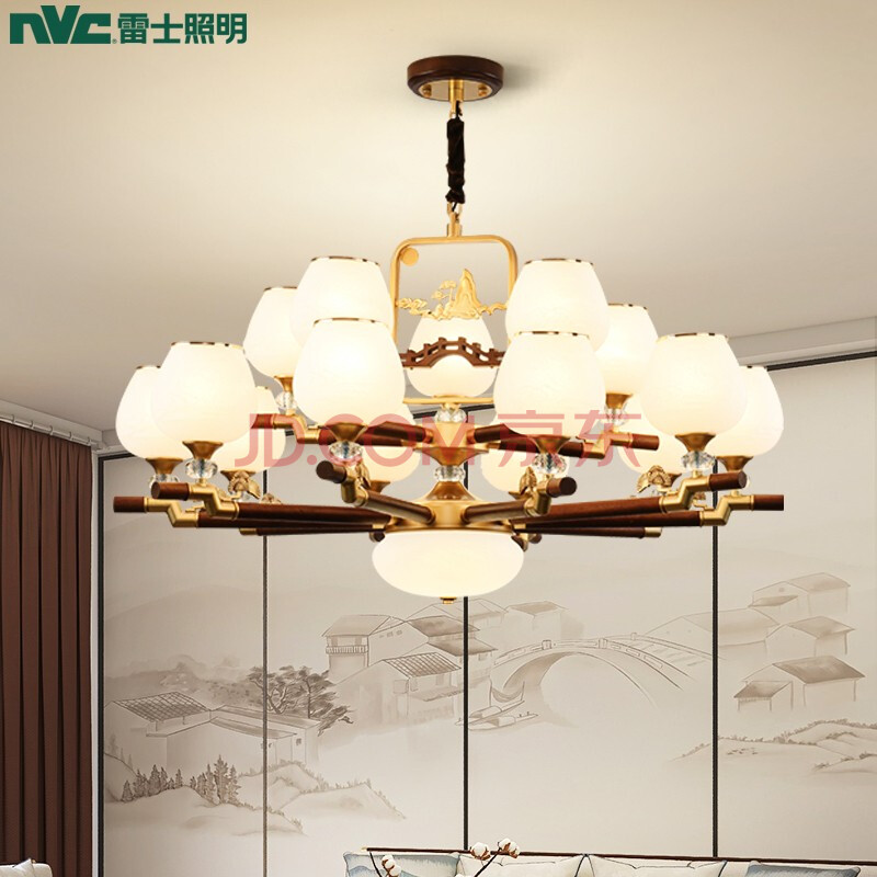 雷士照明(nvc)新中式吊灯 海棠木锦绣山云透光大气装饰自带防尘盖客厅