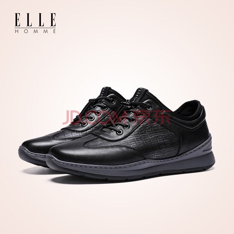 elle homme男鞋秋季舒适超轻底牛皮运动鞋休闲鞋跑步鞋板鞋 黑色 41