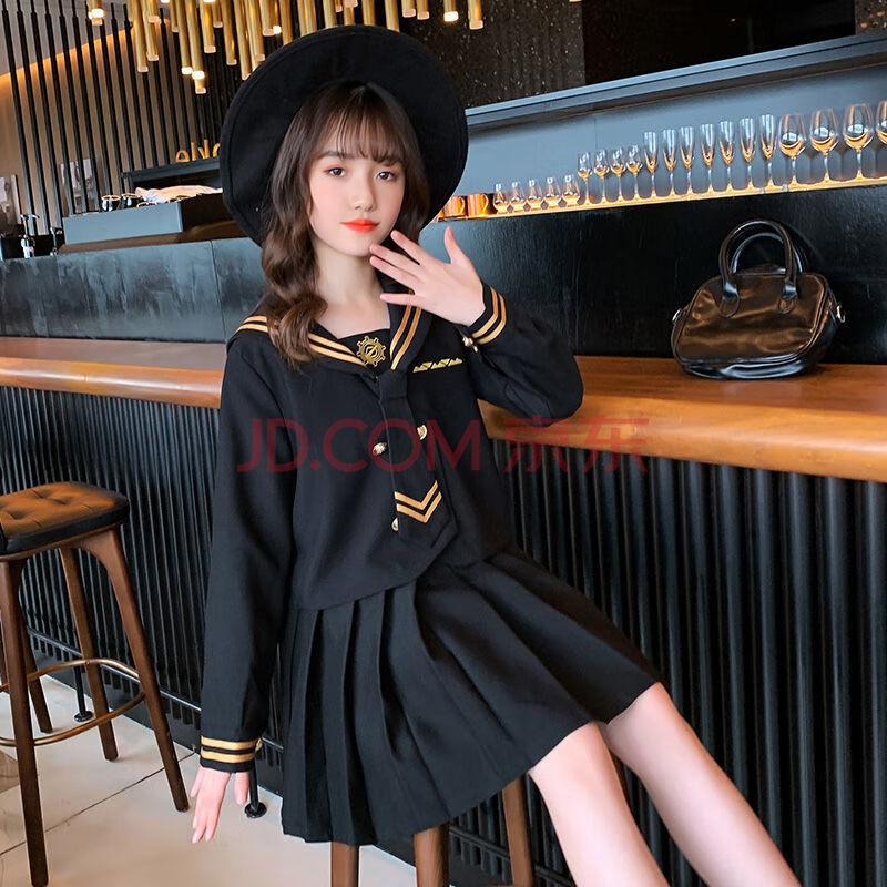 jk制服2021秋装新款女孩洋气时髦学院风套装儿童海军风西服裙 黑色