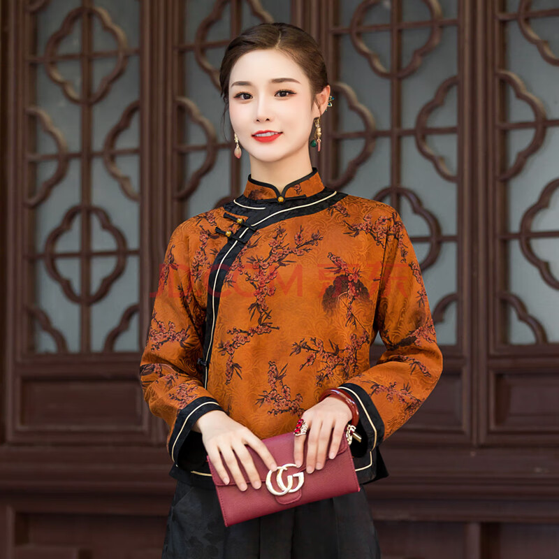 华族经典真丝香云纱唐装女装中国风复古春秋中季式盘扣旗袍式上衣