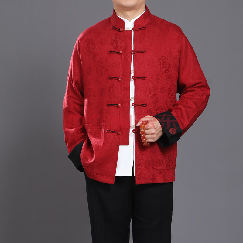 北京百福龙红色男士唐装古典连袖秋冬外套爸爸生日唐装婚礼服 枣红 44