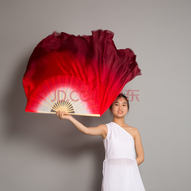 广场舞扇子 舞蹈扇子长绸扇 秧歌扇子跳舞扇子真丝酒红色舞蹈扇纯红色