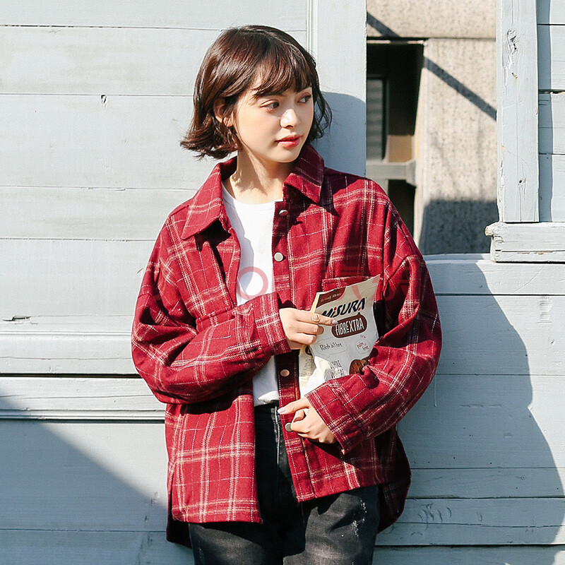 磨毛格子衬衫女2021秋装新款韩版宽松bf学院风学生长袖外套潮 红色