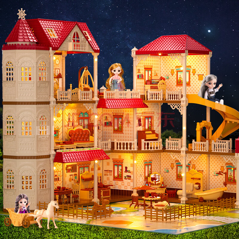 城堡生日礼物绮妮芭比娃娃屋 【带电梯】豪华灯光别墅3层11间3娃娃