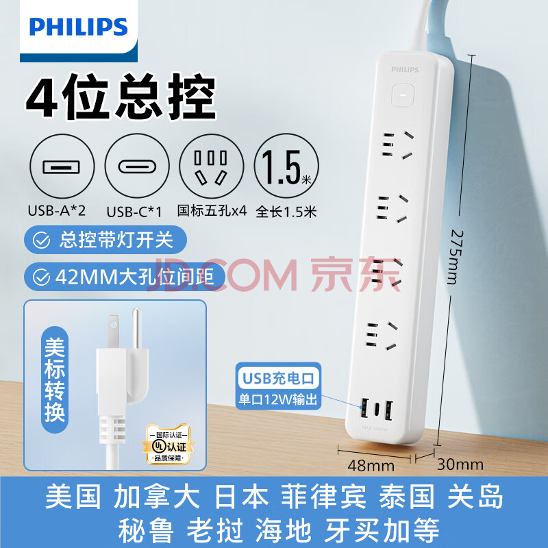 飞利浦（PHILIPS）美标插排插座转换插头英国新加坡马来西亚马尔代夫卡塔尔印尼留学旅行插线板USB接口1.5米