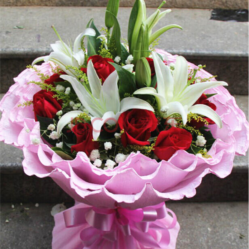 白玫瑰混搭 百合鲜花速递同城 北京杭州广州天津百合玫瑰混搭花束母亲