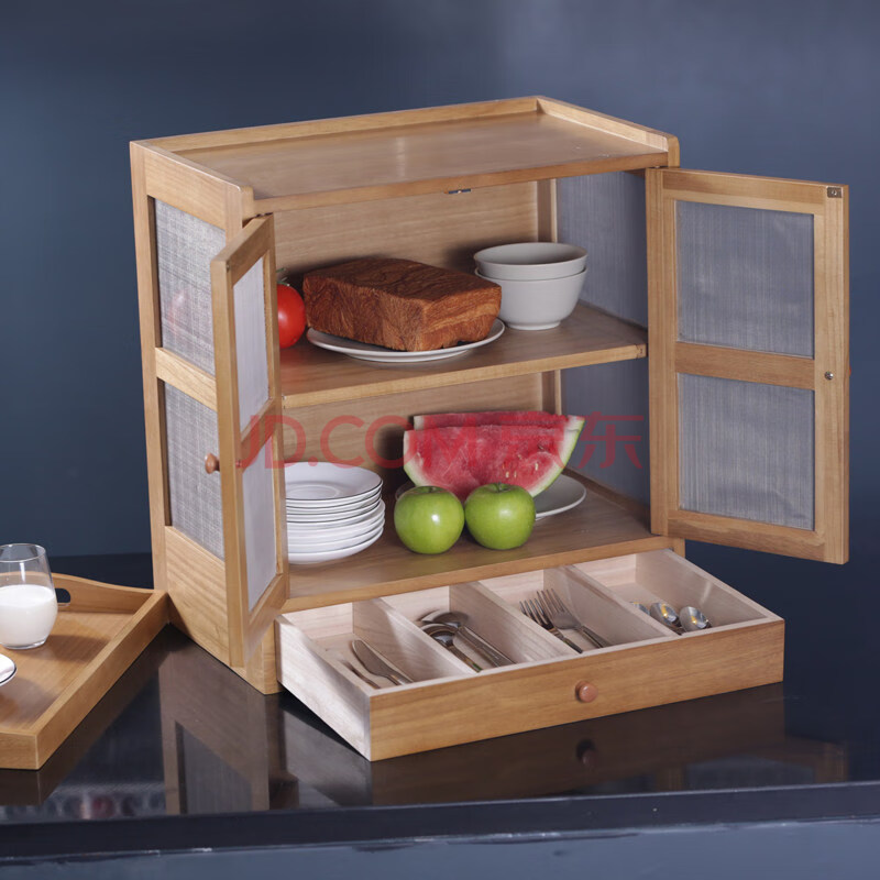 透气小碗柜 防虫餐边柜 实木碗橱柜 窗纱厨房柜收纳碗橱菜柜 双门款