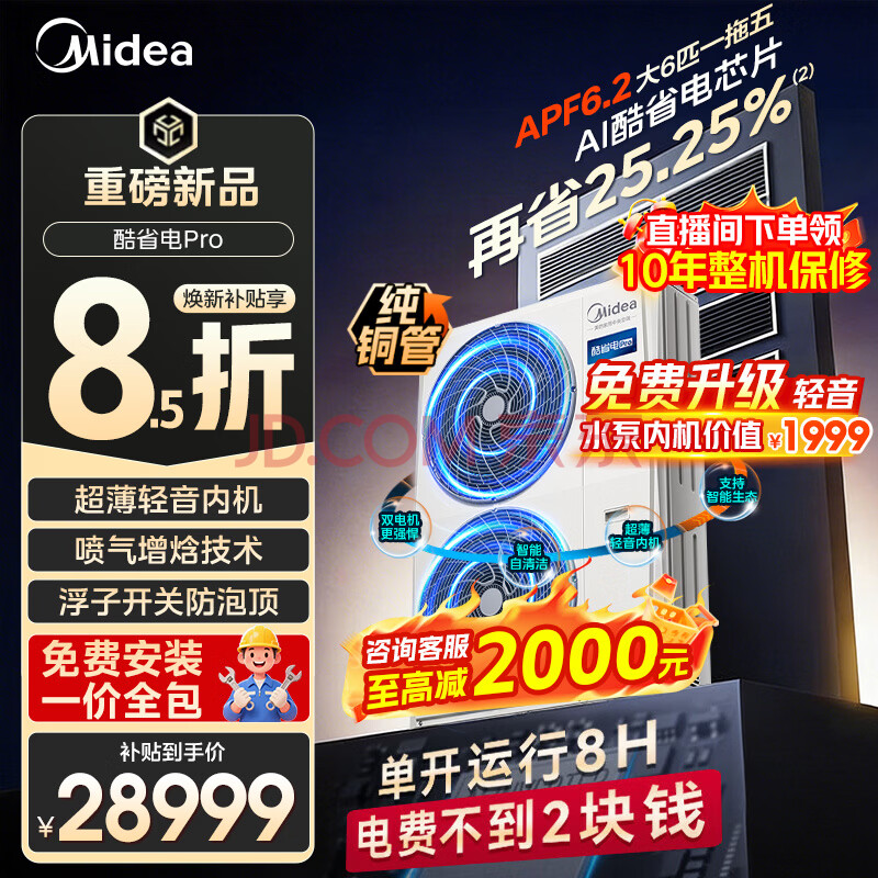 美的（Midea）中央空调一拖三一拖四一拖五多联机家用酷省电PRO变频冷暖智能一级能效风管机一价全包【新品】 酷省电Pro 大6匹一拖五 大四室一厅