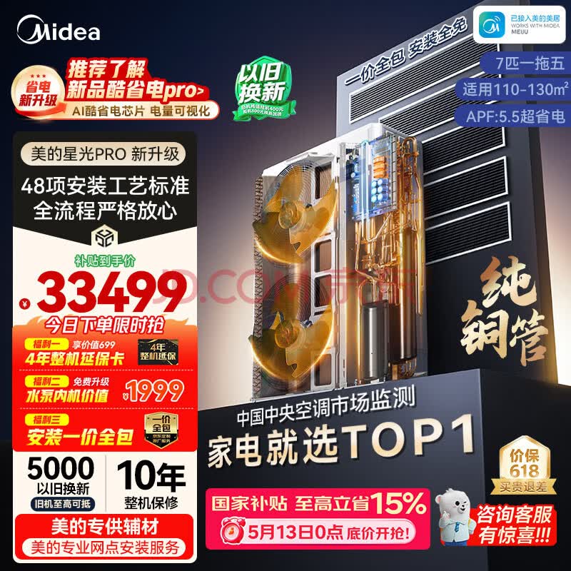 美的中央空调一拖五多联机7匹星光PRO 省电双风轮大四室一厅140~160㎡