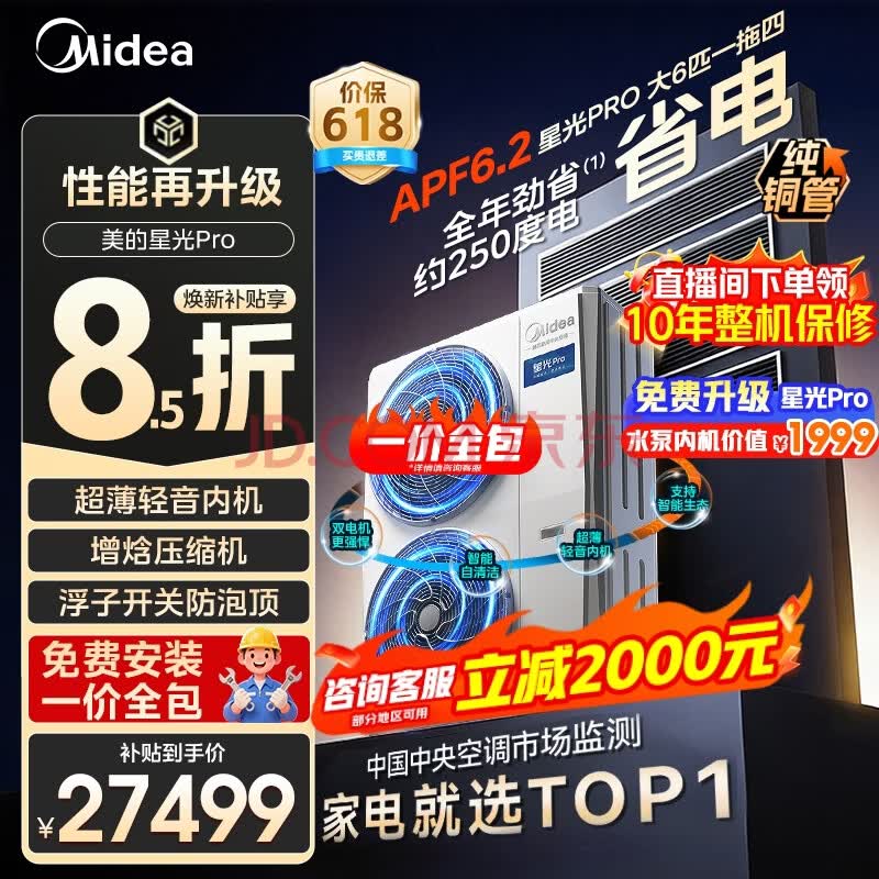 美的（Midea）中央空调一拖四一拖三拖五拖六5P6P7多联机理想家三代星光Pro一级能效变频冷暖风管机一价全包 星光pro 大6匹 一拖四 一级能效 大三室一厅【全包】