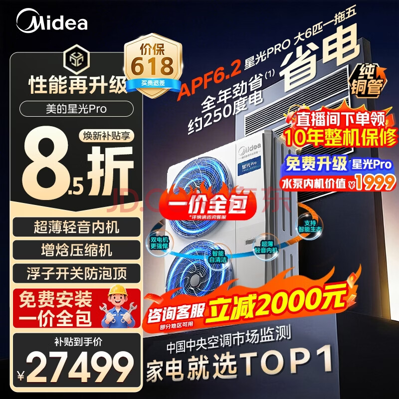 美的（Midea）中央空调一拖四一拖三拖五拖六5P6P7多联机理想家三代星光Pro一级能效变频冷暖风管机一价全包 星光pro 大6匹 一拖五 一级能效 大四室一厅【全包】