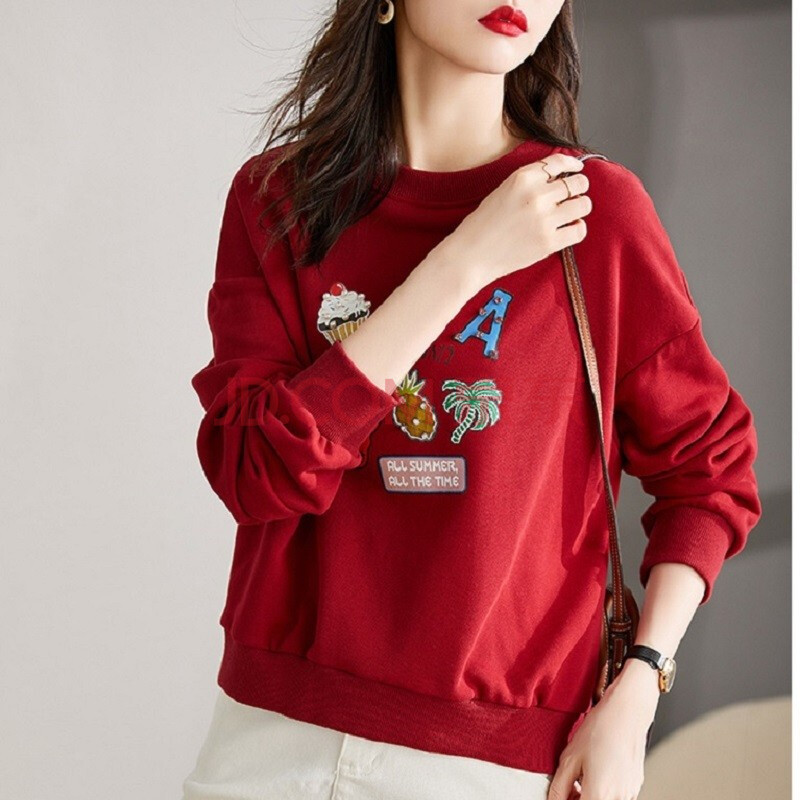 拉秋季趣味钉珠印花套头圆领卫衣女长袖宽松慵懒上衣w13a37523 铁锈红