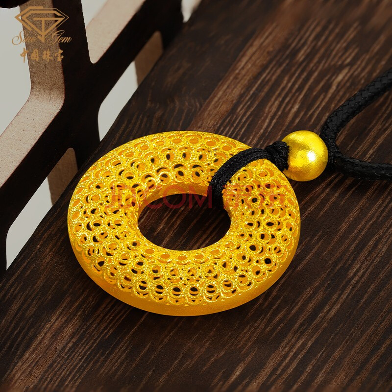 中国珠宝 黄金项链足金古法镂空平安扣吊坠送礼自戴 约9.49g