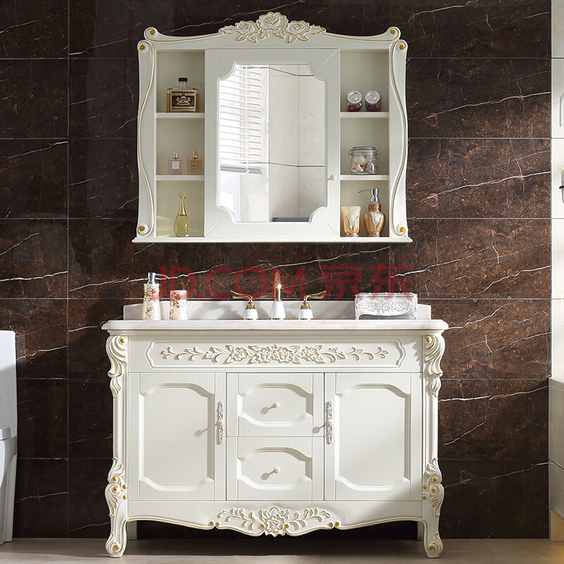 哲拉斯简欧式仿古卫浴柜实木定制雕花浴室柜红橡木落地式双盆大理石