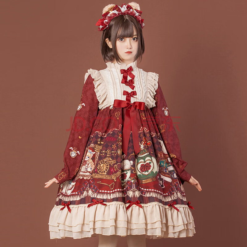 天使街道 安妮的早餐lolita~酒红色皇冠熊op长袖连衣裙 边夹洋装