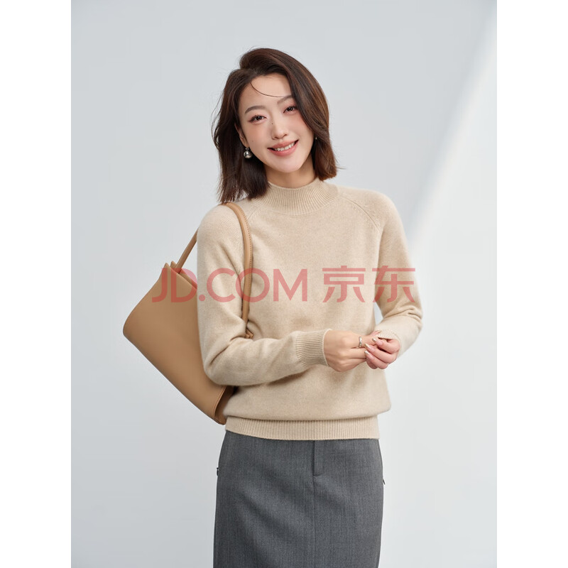 帕什 羊绒衫女100%山羊绒半高领加厚针织毛衣 无染色米驼