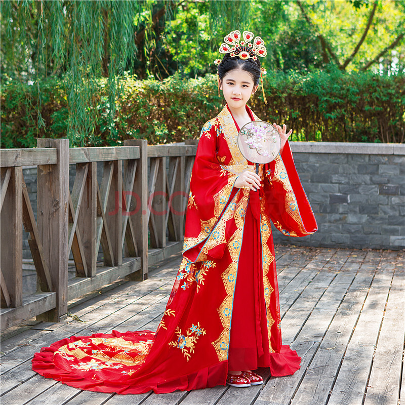 古装拖尾贵妃公主皇后宫廷古代衣服仙女走秀演出汉服 红色 亮片贵妃