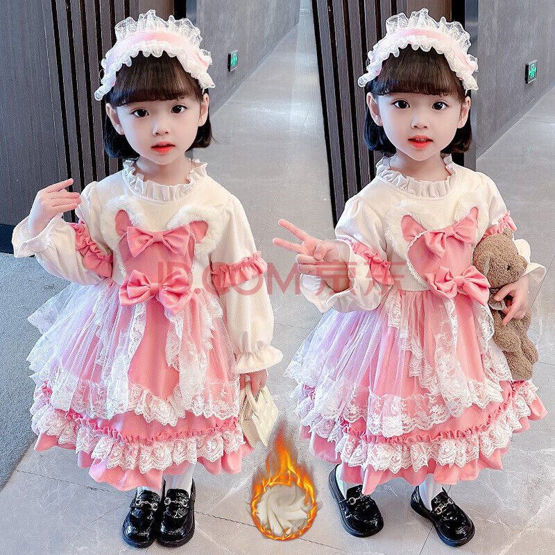 新款兔耳朵蝴蝶结加绒加厚洛丽塔长裙中小童1-6岁小女孩可爱公主裙
