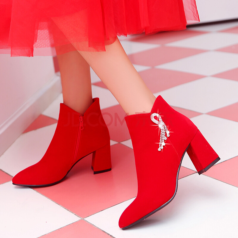 商场同款冬季婚鞋女2021年新款红色鞋新娘鞋子粗跟结婚秀禾服结婚红鞋