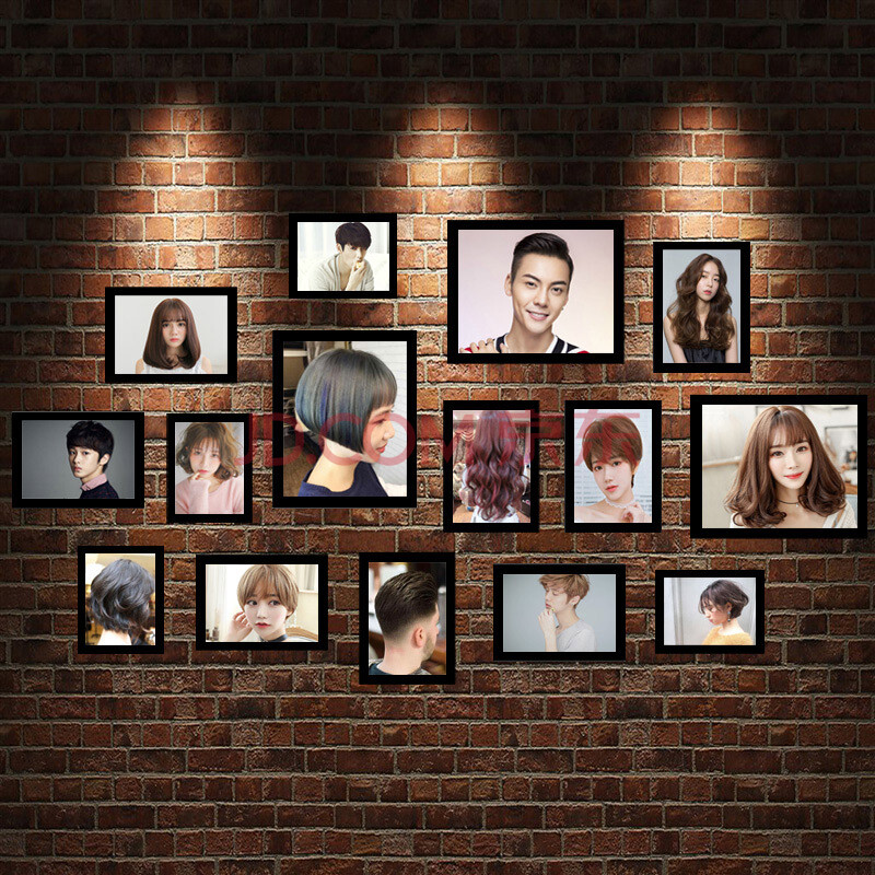 美发店装饰画背景墙理发店挂画墙壁画发廊海报相框照片墙组合 15框