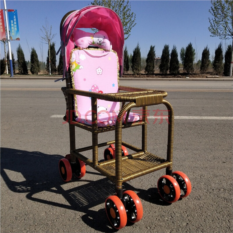 宝宝竹藤小孩推车轻便婴儿车仿藤竹编藤编儿童藤椅小推车 大带筐八轮