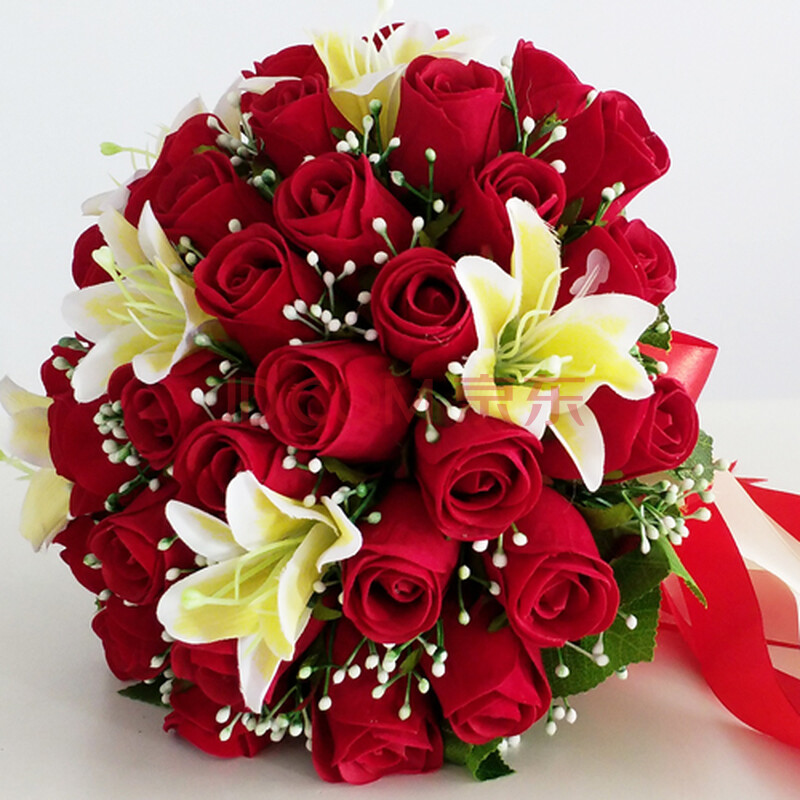 韩式新娘手捧花结婚缎带手捧花束高档永生花仿真红玫瑰花婚礼 48朵红