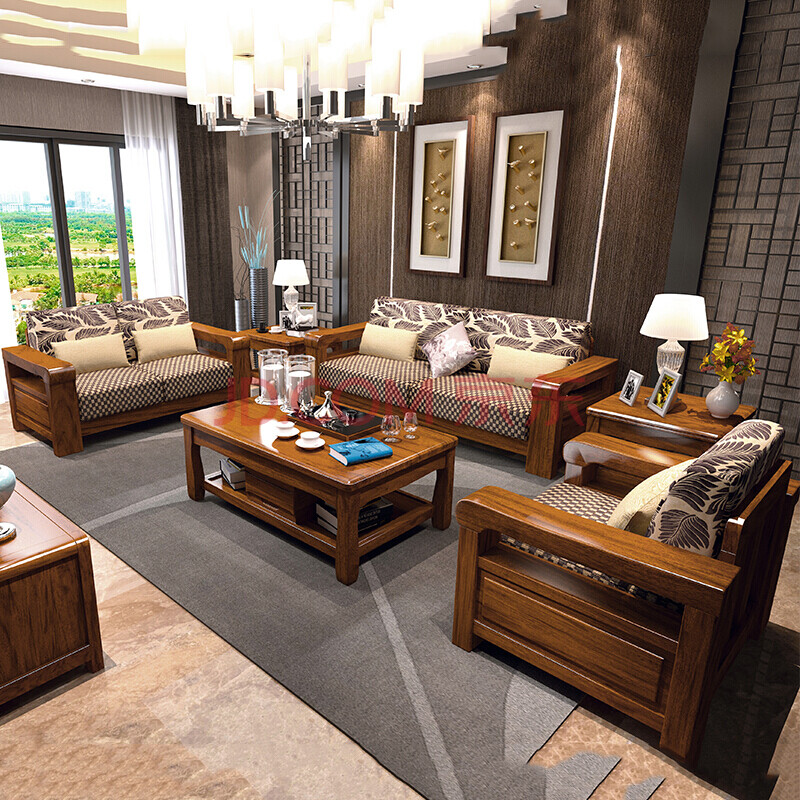 【京东送货】沙发胡桃木中式实木家具转角组合沙发lkh8801 三人位